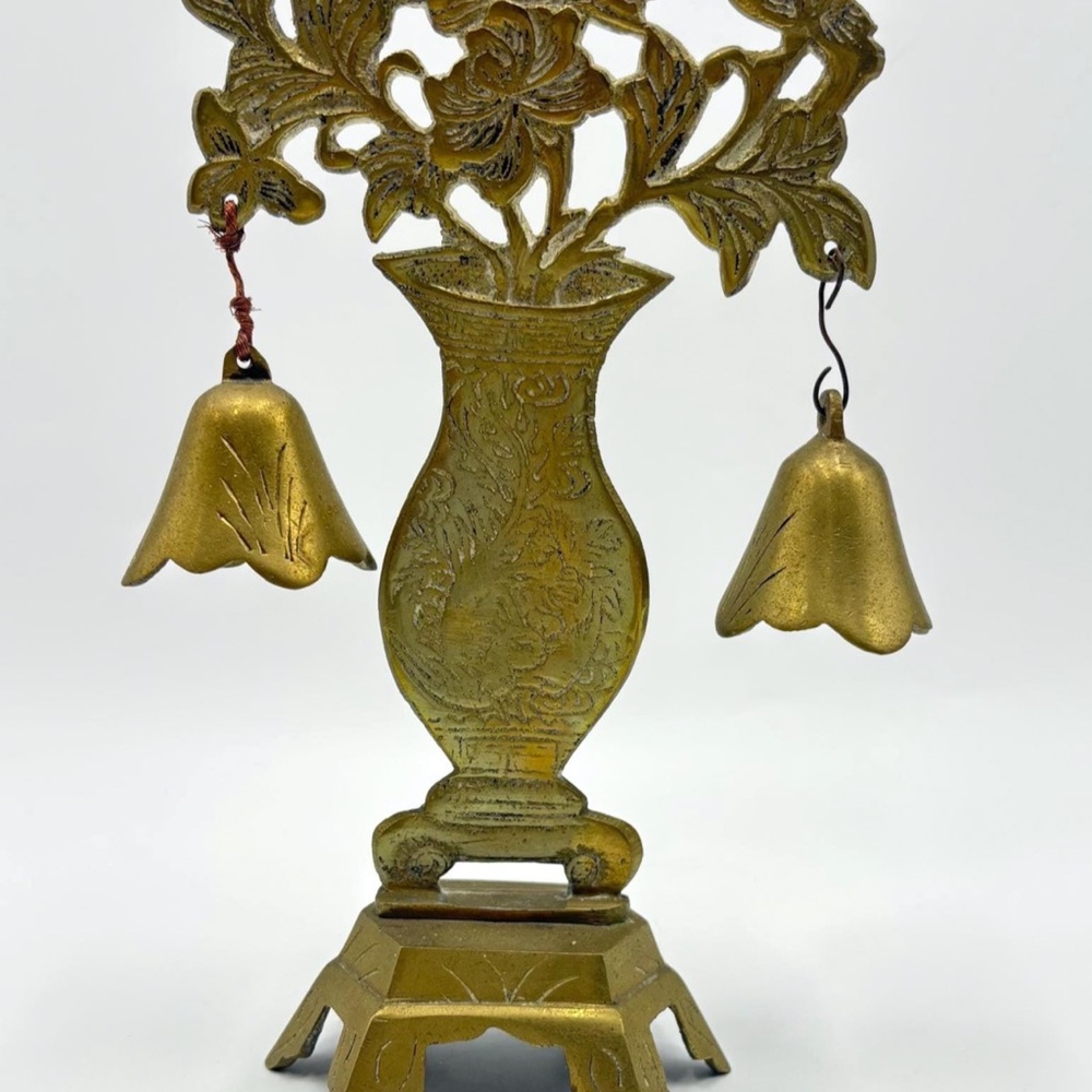 Vintage Brass Etched Flower Vase Shapewith Double Bells Accent